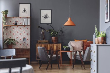 Tablo ve gri koltukta karanlık vintage oturma odası iç posterler ile yukarıda turuncu lamba