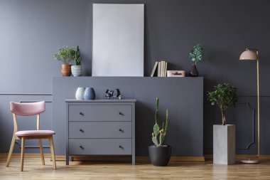 Pembe ahşap sandalye yanında gri kabine oturma odası iç bitkiler ve poster. Gerçek fotoğraf