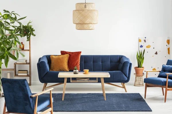 蓝色木制扶手椅和沙发在客厅内部与植物和灯以上表 真实照片 — 图库照片