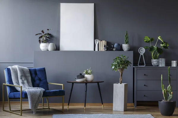 Foto Real Salón Monocromático Interior Con Sillón Azul Con Una —  Fotos de Stock