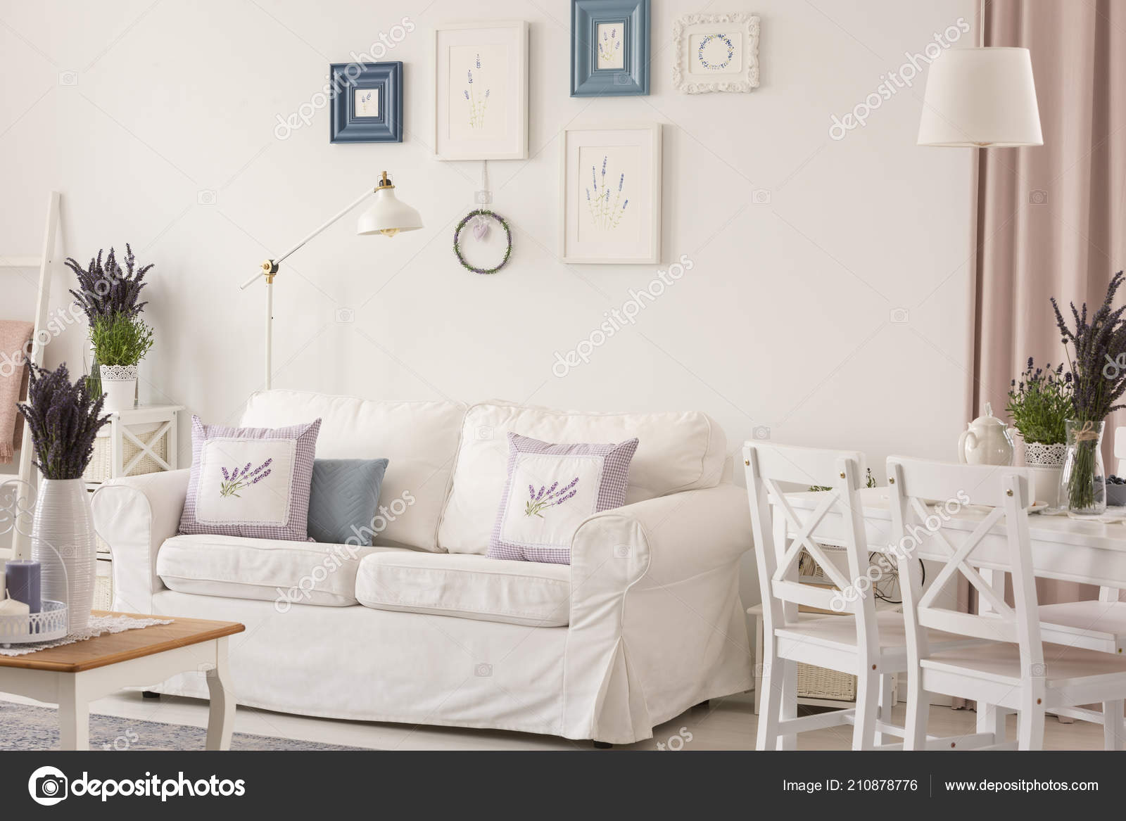 White Room Interior Couch Pillows Posters Wall Dining Table