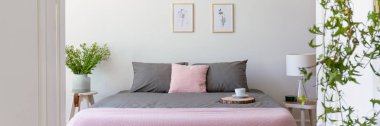 Gri ve pastel pembe yatak çift kişilik yatak ile gerçek fotoğraf kahve fincan taze bitki ve basit posterler ile parlak yatak odası iç üzerinde