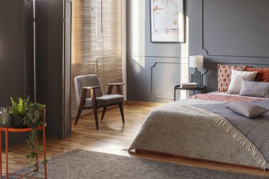 Modern gri yatak odası iç ahşap tekli yatak yanındaki ile turuncu masada bitki