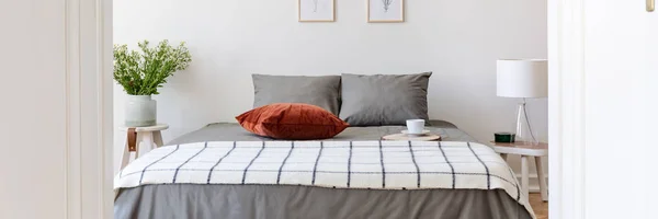 グレーのシート コーヒー カップ ストライプ毛布 新鮮な花とグラスのランプ白い寝室インテリアに立ってベルベット クッションのキングサイズのベッドの本物の写真 — ストック写真
