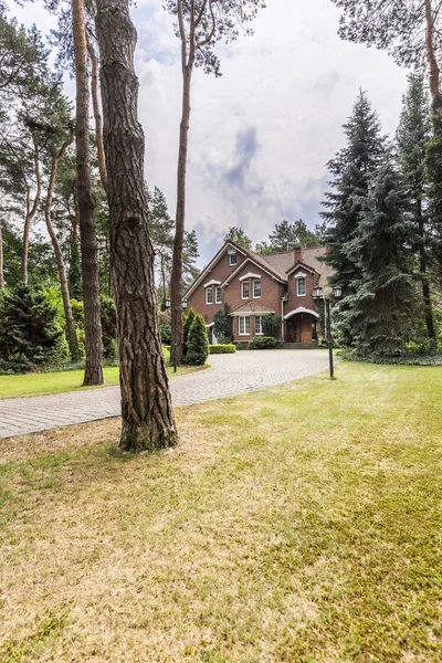 从草地和树木的前院看到的英国风格的房子 — 图库照片