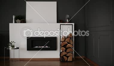 Ahşap çerçeveli Eko şömine koyu gri oturma odası iç duvar, taze bitki ve mockup poster rafta wainscoting ile video yanına yerleştirilmiş. Şöminede yanan ateşi