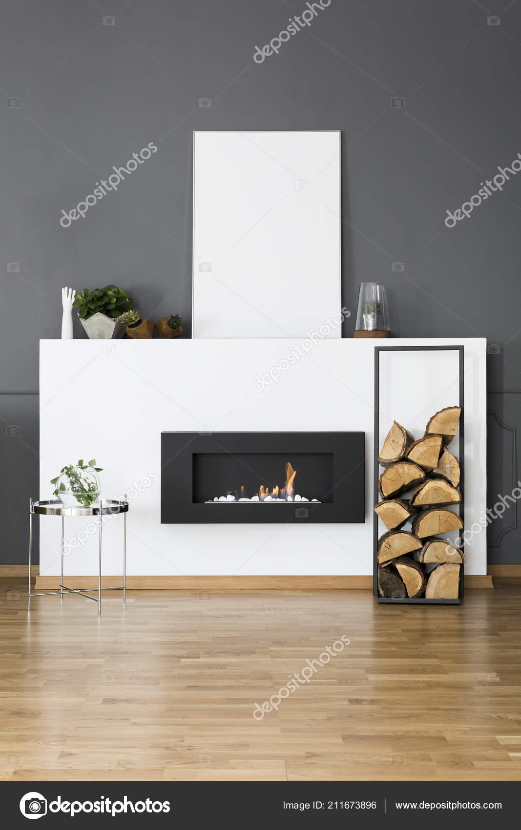 Download Firewood Silver Table Front Fireplace Loft Interior Mockup White Empty Stock Photo Image By C Photographee Eu 211673896