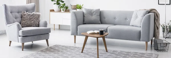 Real Photo Grey Armchair Fur Cushion Sofa Standing White Sitting — Stock Photo, Image