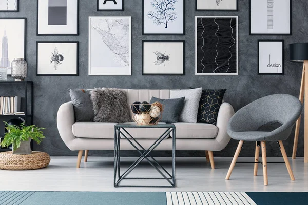 ソファ モダンなリビング ルーム インテリア植物とポスターでテーブルの横にある灰色の椅子 実際の写真 — ストック写真