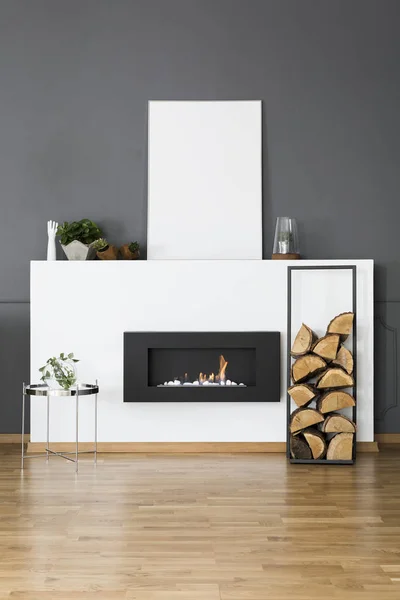 Firewood Silver Table Front Fireplace Loft Interior Mockup White Empty — Stock Photo, Image