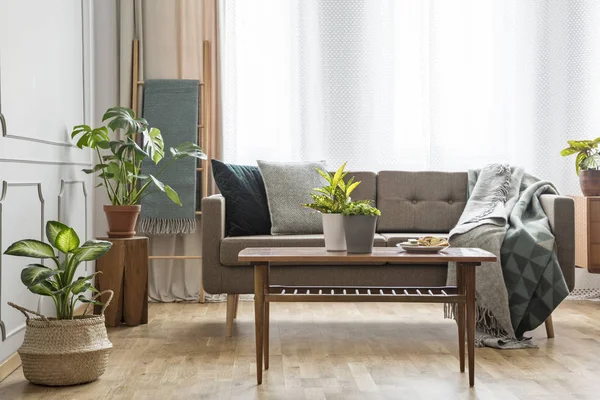 Trä Bord Framför Beige Soffa Enkla Ljust Vardagsrum Interiör Med — Stockfoto