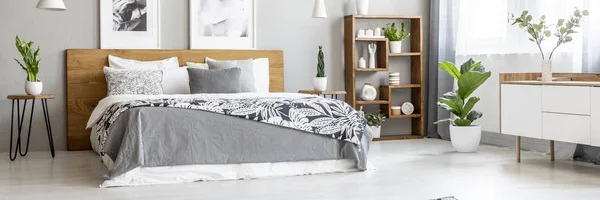 Scandinavian Style Wooden Furniture Stylish Monochromatic Bedroom Interior Plants Gray — Stock Photo, Image