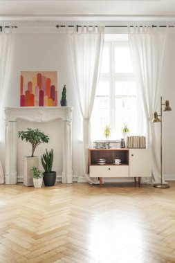 Poster bitkiler parlak çatı iç Beyaz ahşap dolap yanındaki altın lamba ile yukarıda. Gerçek fotoğraf