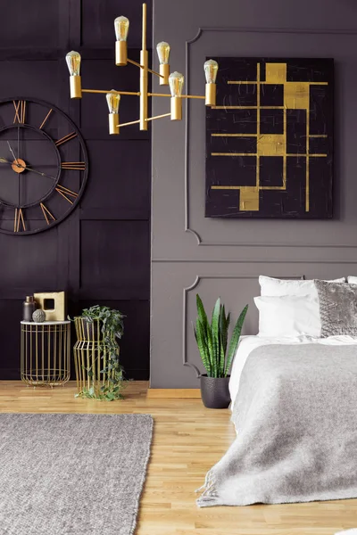 Plant Next Bed Grey Bedroom Interior Chandelier Black Poster Clock — Stock Photo, Image