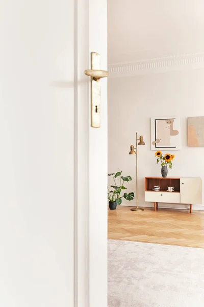 White Door Bright Living Room Interior Sunflowers Cupboard Wooden Floor — Stock Photo, Image