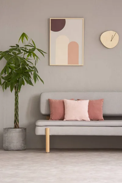 Poster Clock Couch Grey Pink Living Room Interior Plant Real — Stock Photo, Image