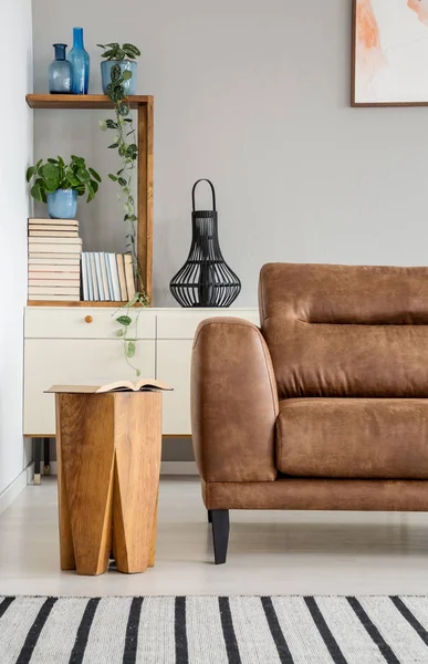 Meja Kayu Sebelah Sofa Coklat Ruang Tamu Interior Dengan Tanaman — Stok Foto