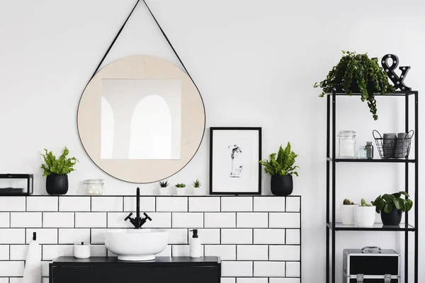 Yuvarlak Ayna Poster Beyaz Siyah Banyo Lavabo Ile Bitkilerde Arasında — Stok fotoğraf
