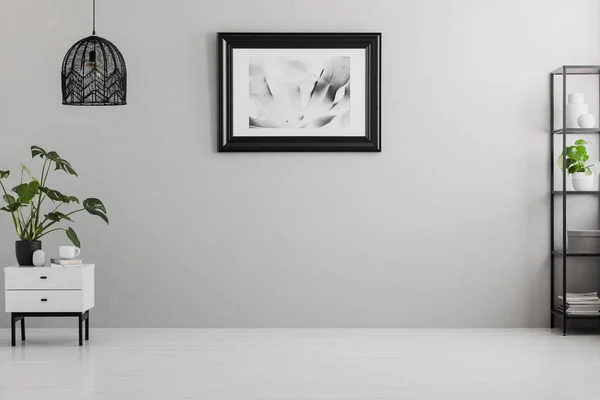 Poster Grauer Wand Leeren Wohnzimmerinnenraum Mit Lampe Über Pflanze Auf — Stockfoto