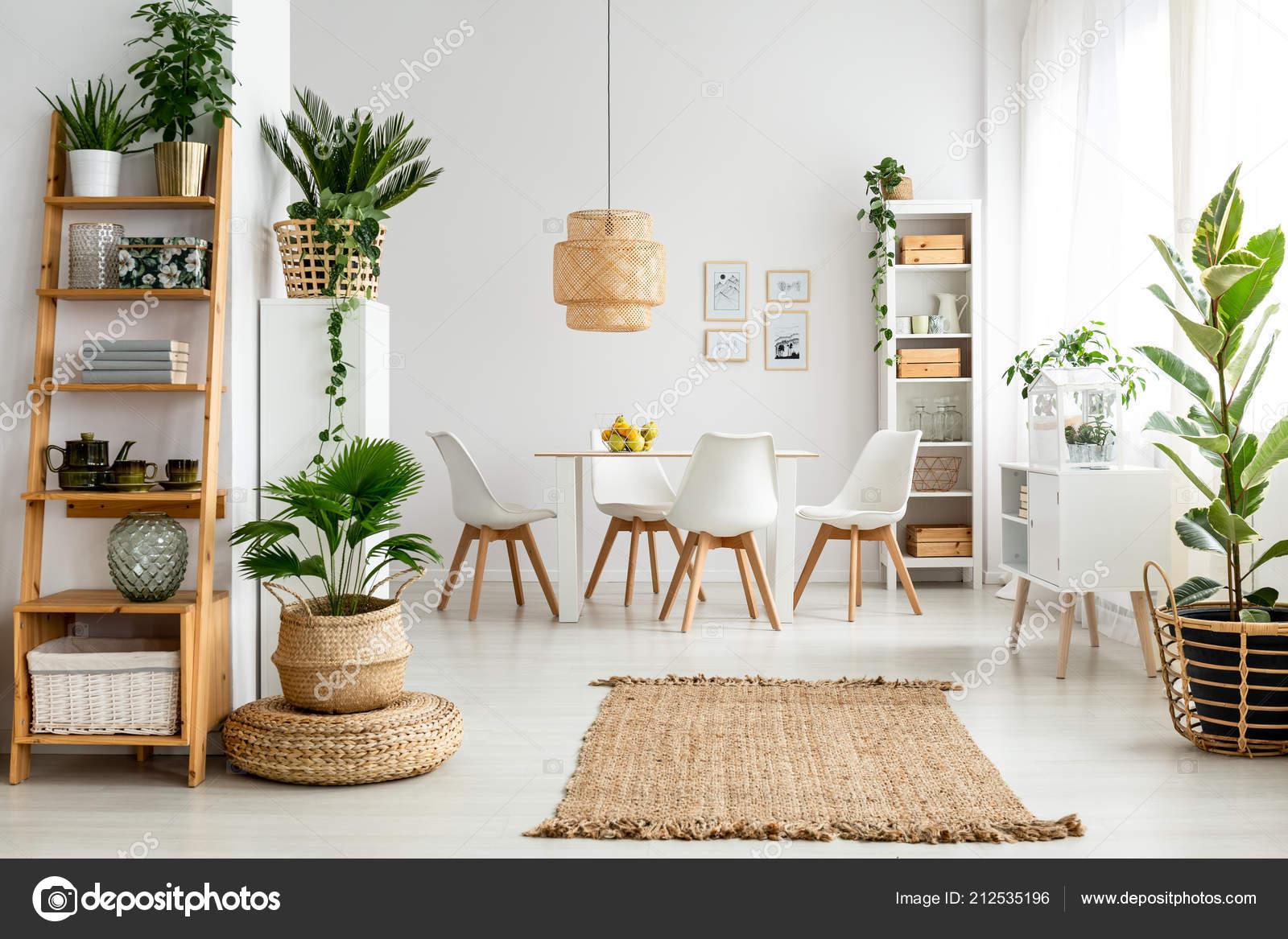 Pictures Rugs Under Kitchen Tables Plants Rug Natural Dining Room Interior White Chairs Table Lamp Stock Photo Photographeeeu 212535196