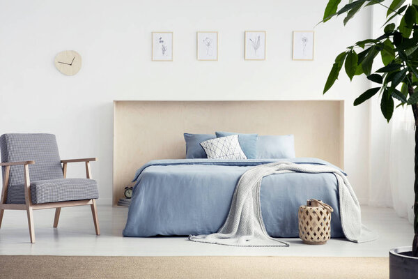 Patterned armchair next to blue bed with blanket in natural bedroom interior with posters. Real photo