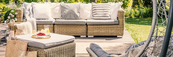 Panorama Rattan Sofa Pillows Table Terrace Garden Real Photo — Stock Photo, Image