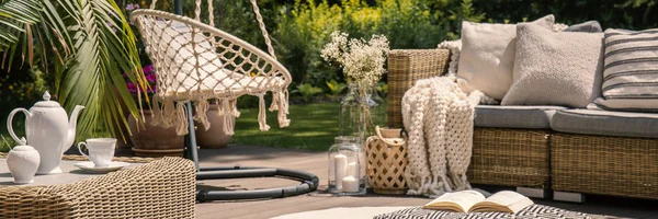 Pillows Blanket Rattan Sofa Patio Hanging Chair Table Summer Real — Stock Photo, Image