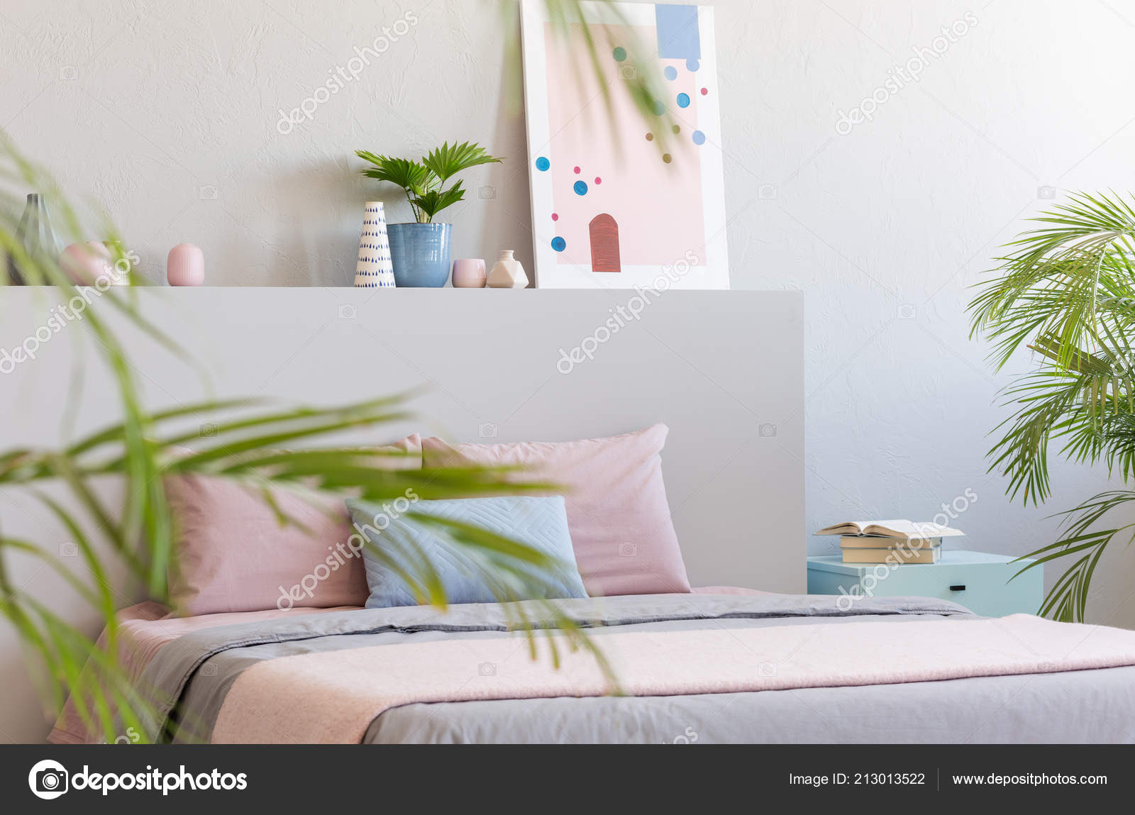 Real Photo Bright Bedroom Interior Decor Double Bed Pastel