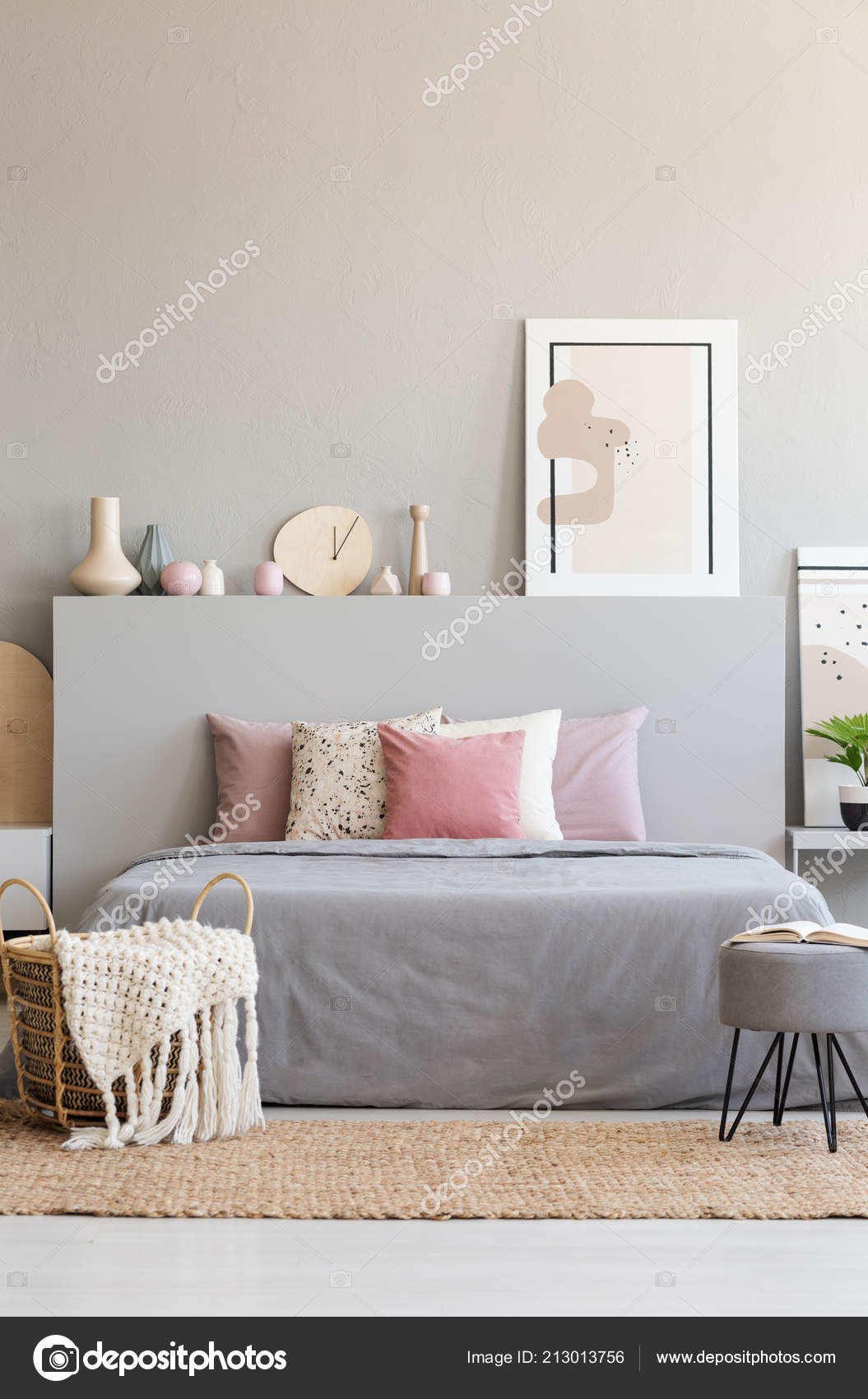 Hairpin Pouf Book Knit Blanket Wicker Basket Standing Carpet King Hairpin Pouf With Book And Knit Blanket In Wicker Basket Standing On Carpet By The King Size Bed Real Photo Of Grey Room Interior Poster Decor