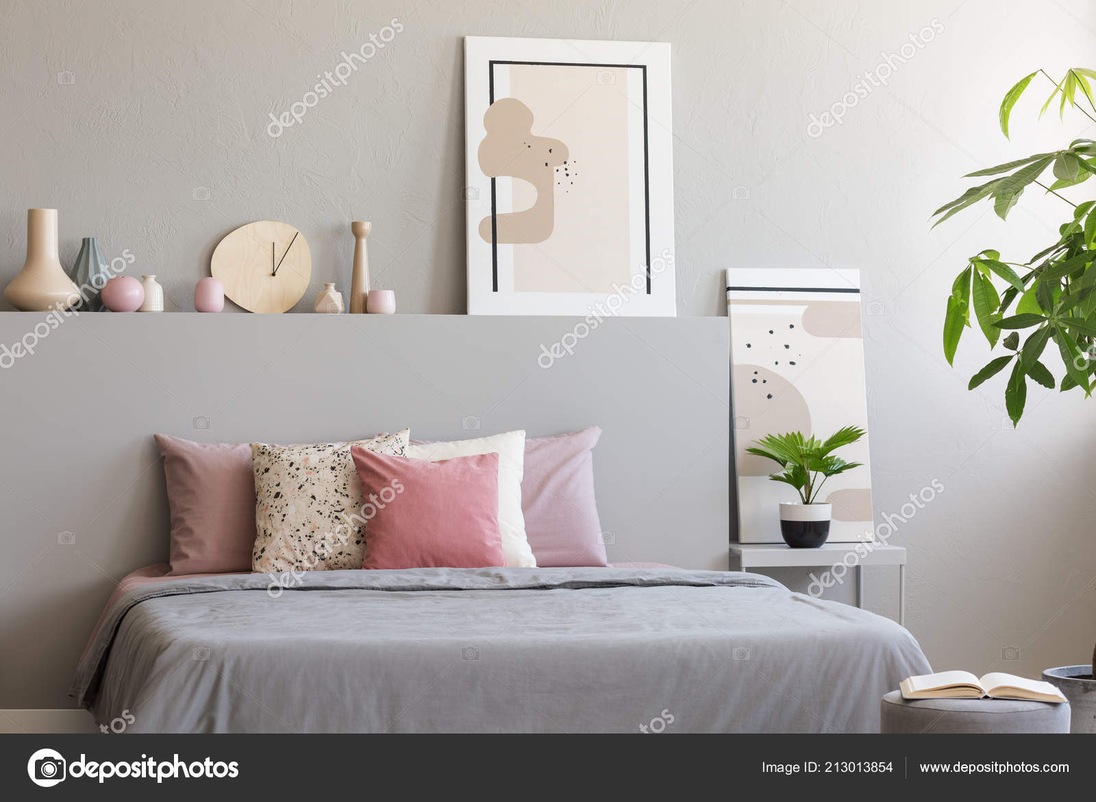 Light Grey Bedroom Interior King Size Bed Many Cushions Simple Stock Photo By Photographee Eu 213013854 Light Grey Bedroom Interior King Size, How To Decorate A King Size Bed