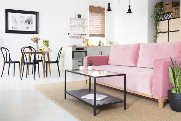 Black Table Front Pink Sofa Bright Flat Interior Poster Chairs — Stock Photo, Image