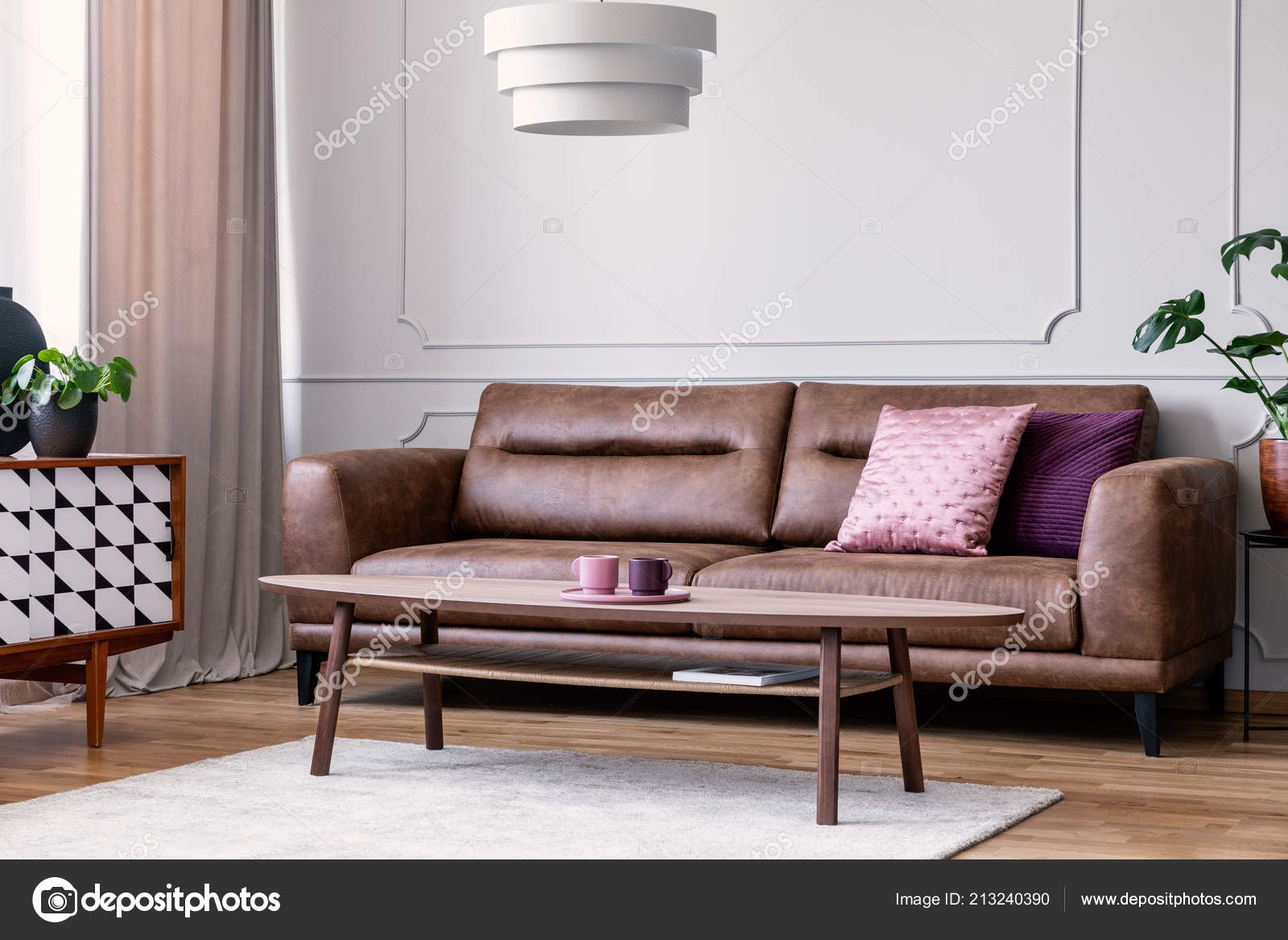 Pillows Leather Couch Retro Living Room Interior Lamp Wooden Table Stock Photo Photographeeeu 213240390
