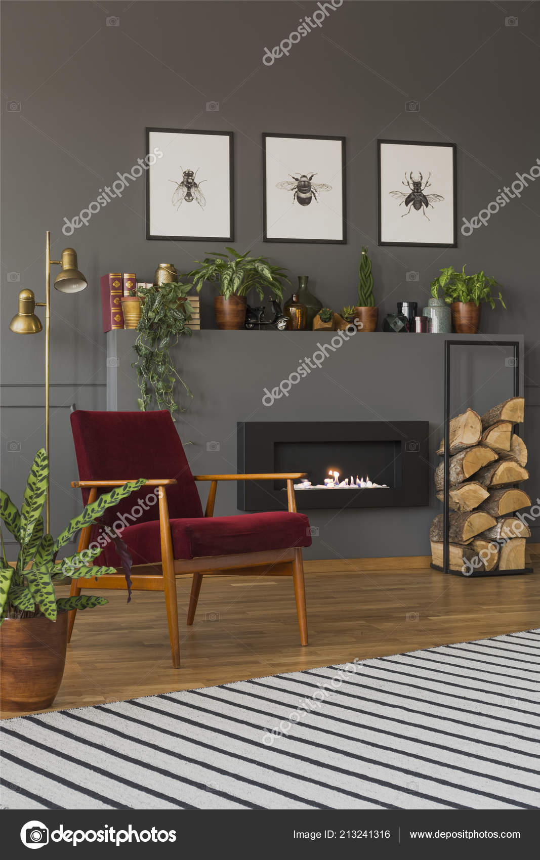 Real Photo Red Armchair Standing Wooden Floor Striped Rug Front
