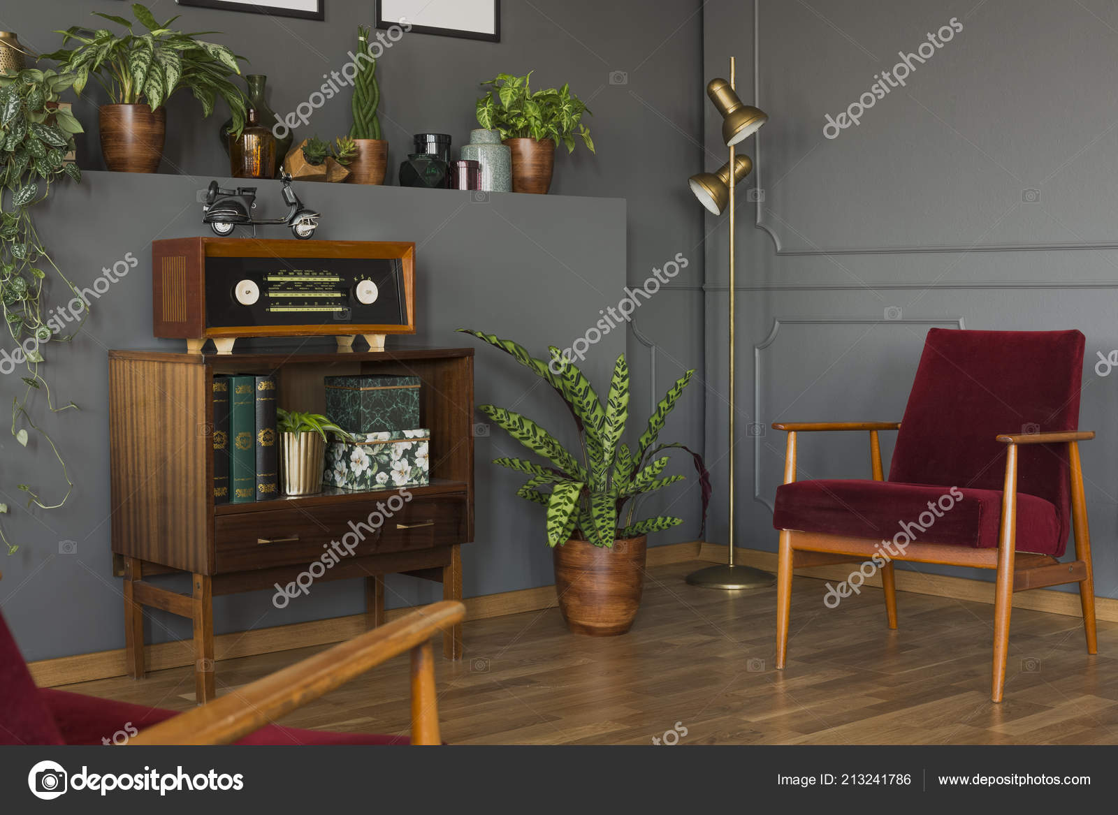 Radio Wooden Cabinet Next Plant Red Armchair Grey Vintage Living