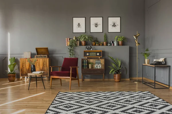 Real photo of a red armchair standing in front of a shelf with plants, books and gramophone and next to a table with typewriter in retro living room interior with patterned rug