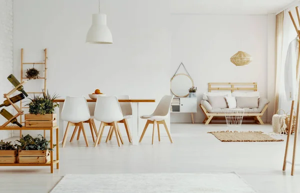 Sedie Bianche Tavolo Pranzo Luminoso Appartamento Interno Con Piante Divano — Foto Stock