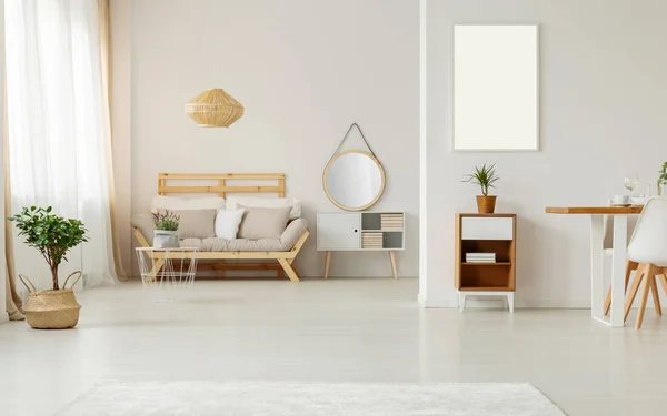 Mockup White Empty Poster Bright Flat Interior Plant Wooden Sofa — Stock Photo, Image