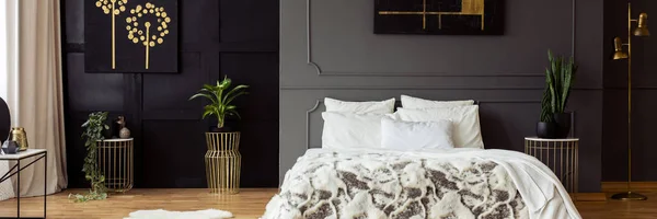 毛茸茸的毯子在一张舒适的床与白色床单在一个灰色客厅内部与植物和黑和金子绘画 — 图库照片