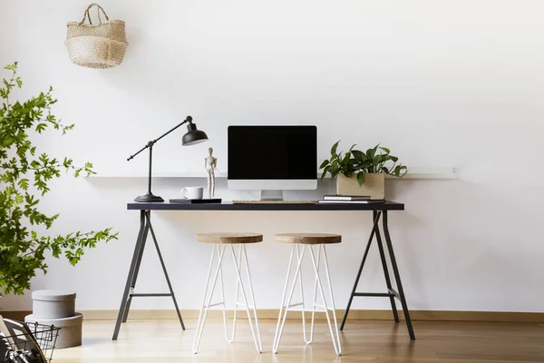 Two Hairpin Stools Placed Black Desk Metal Lamp Fresh Plant — Stock Photo, Image