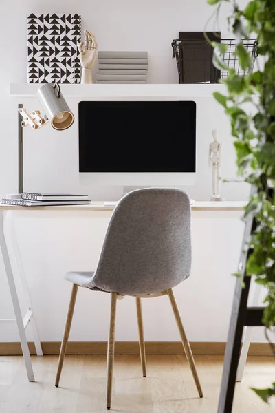 Grey Chair Desk Desktop Computer Lamp Modern White Workspace Interior — Stock Photo, Image