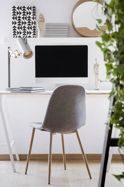 Grey Chair Desk Lamp Desktop Computer Simple White Workspace Interior — Stock Photo, Image