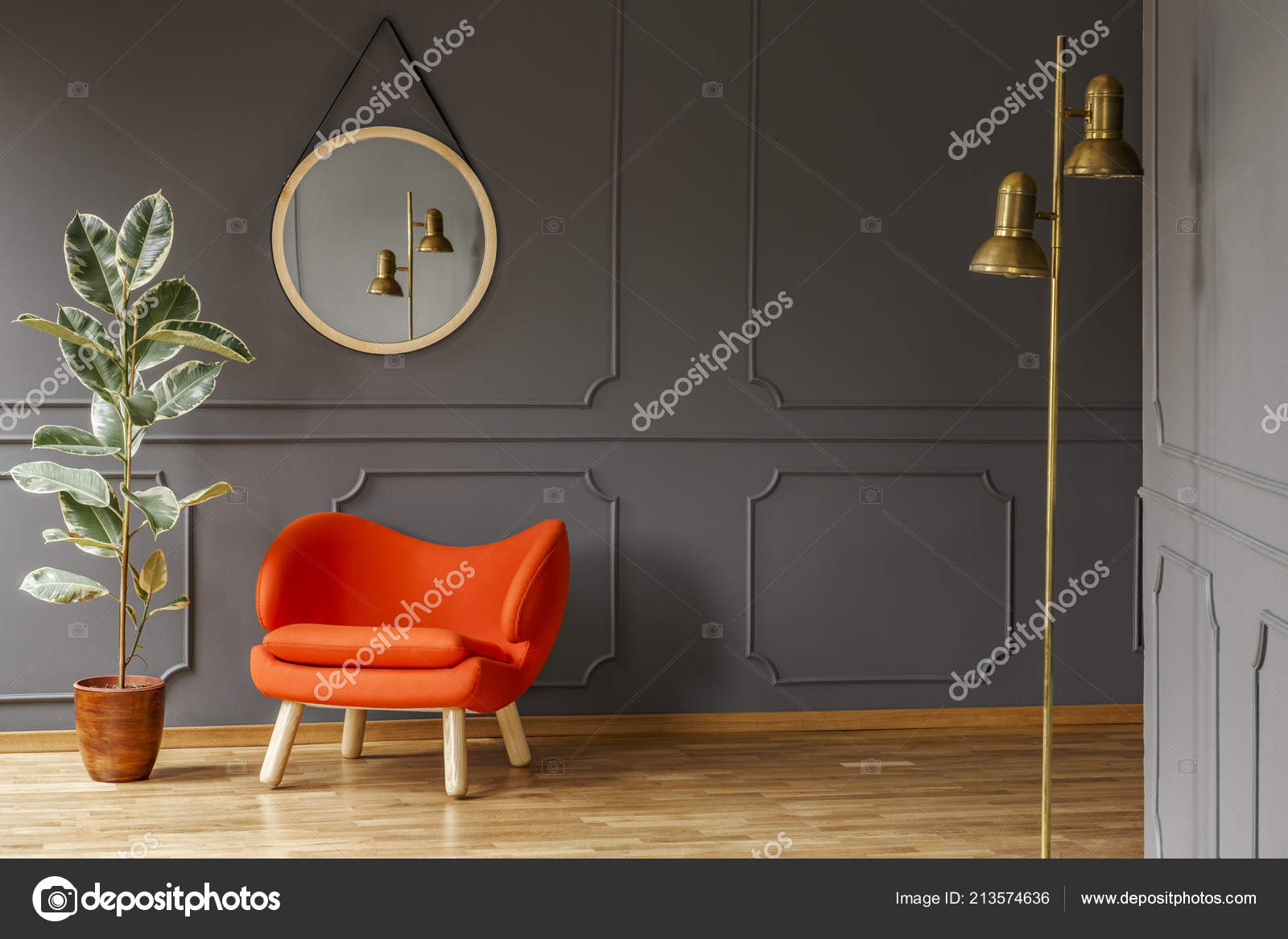 Ficus Next Orange Armchair Grey Wall Mirror Flat Interior
