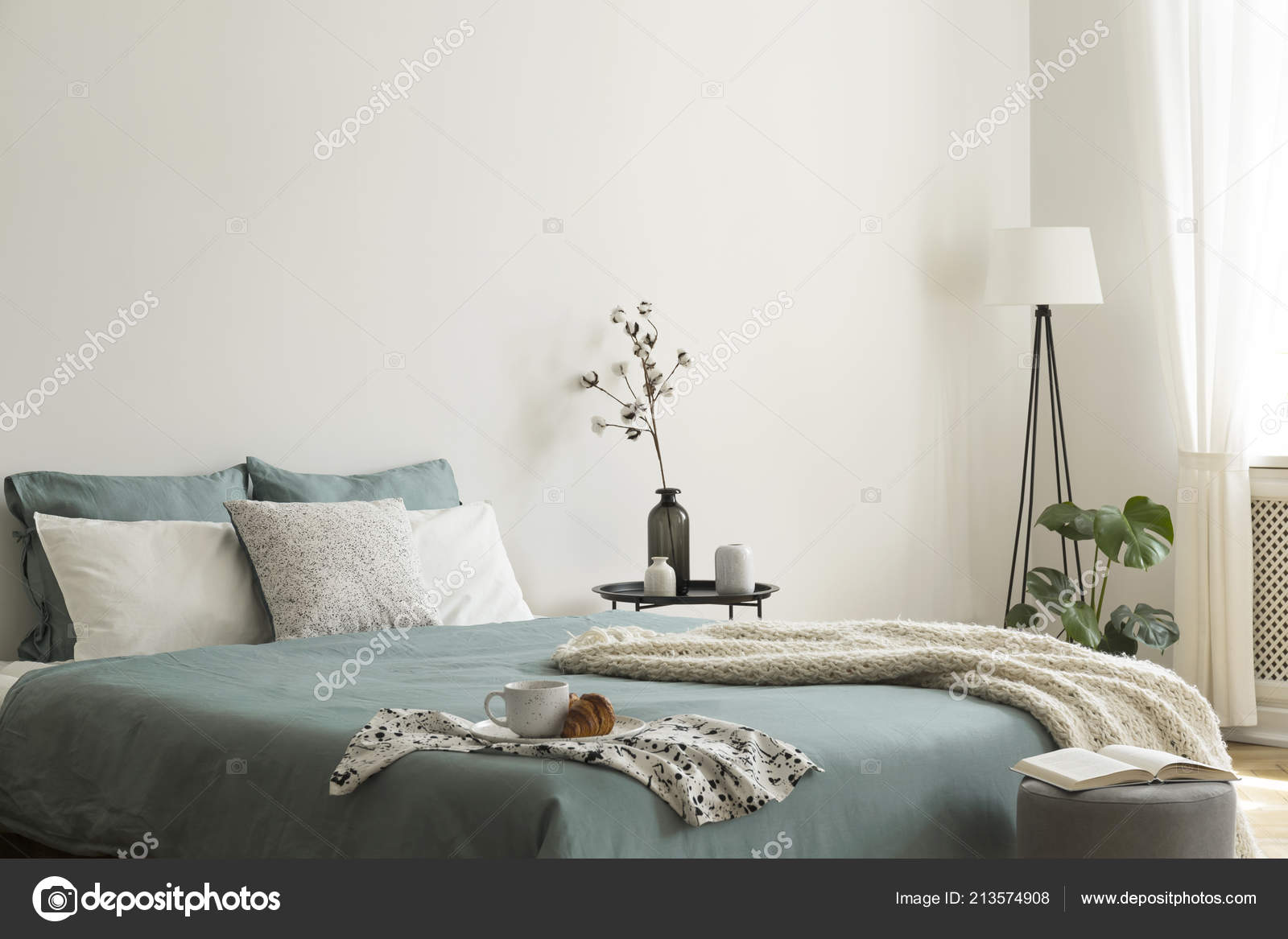 Bedroom Interior Sage Green White Sheets Cushions Blanket