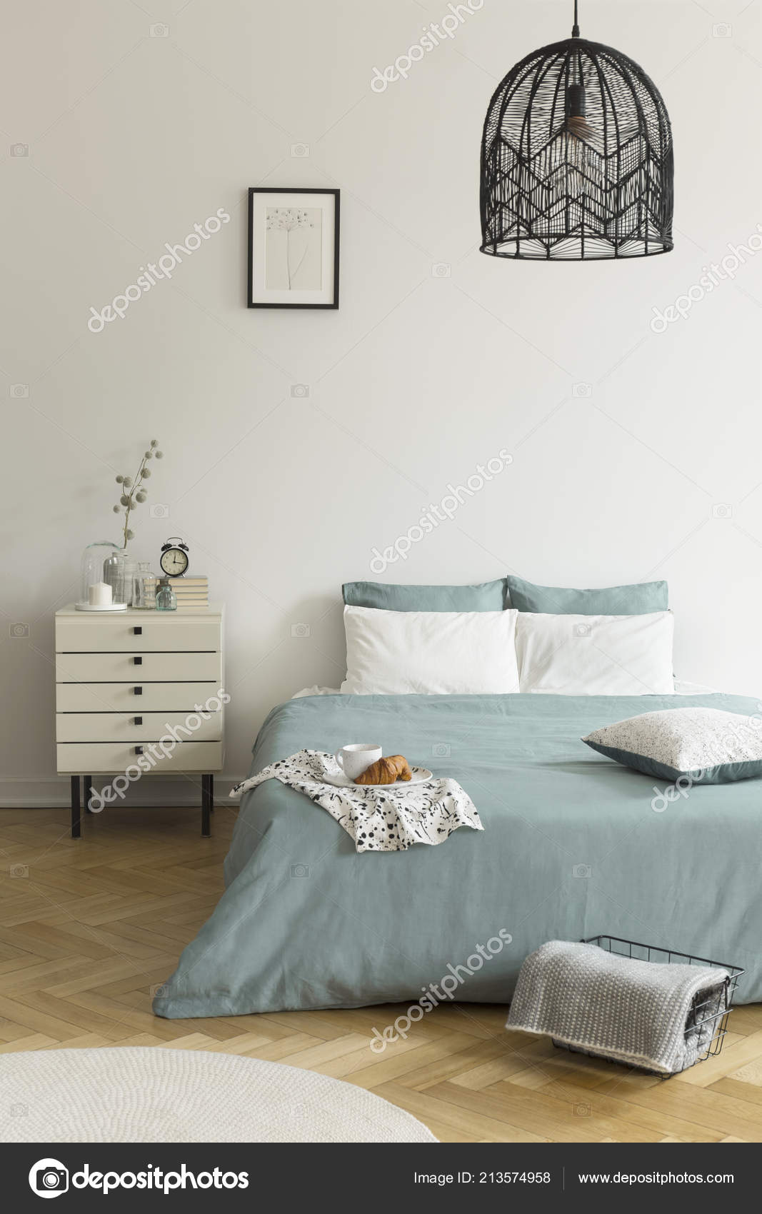 Double Bed Sage Green White Bedding Standing Wooden Floor