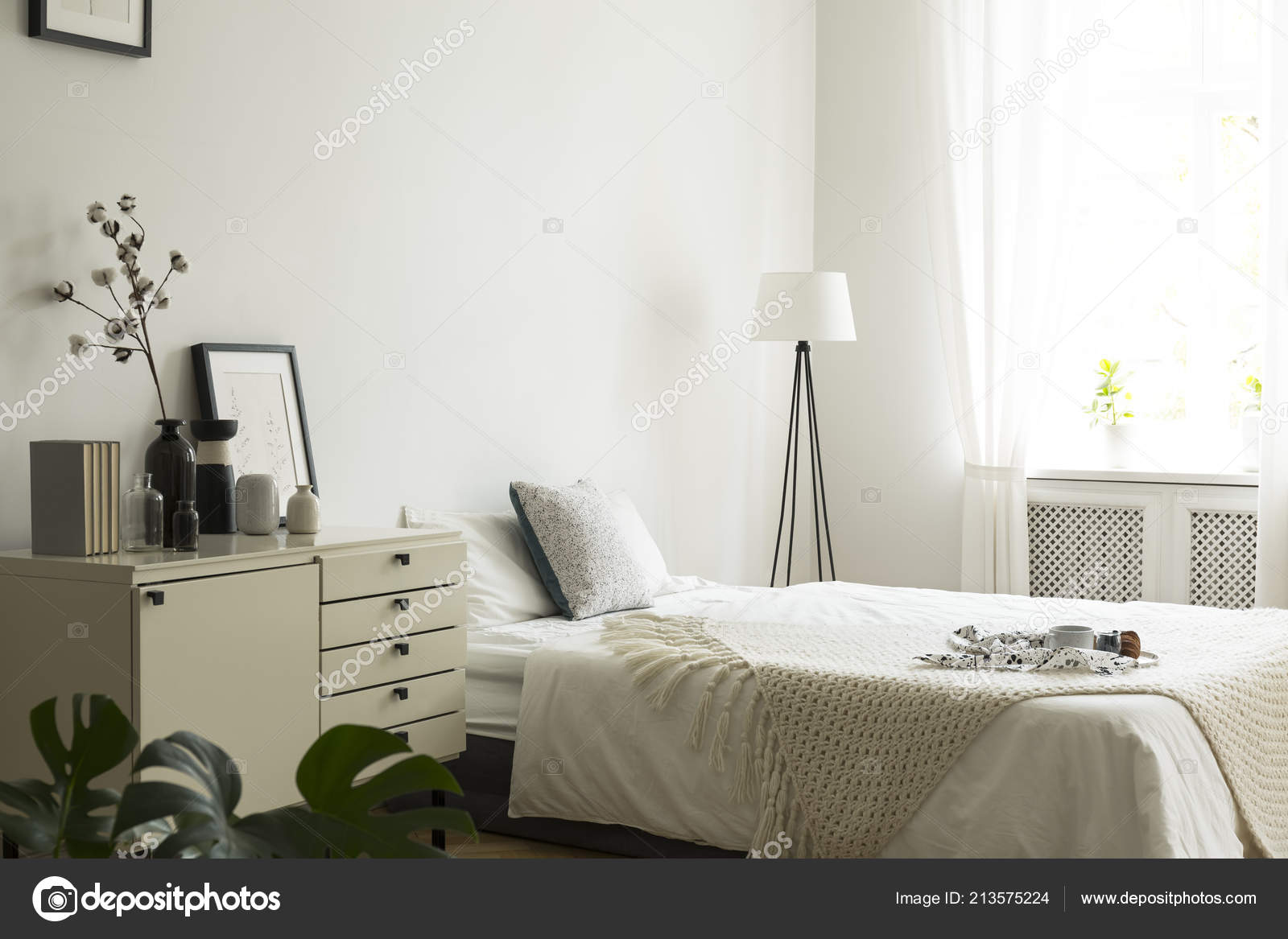 White Beige Color Bedroom Interior Bed Drawer Cabinet Lamp