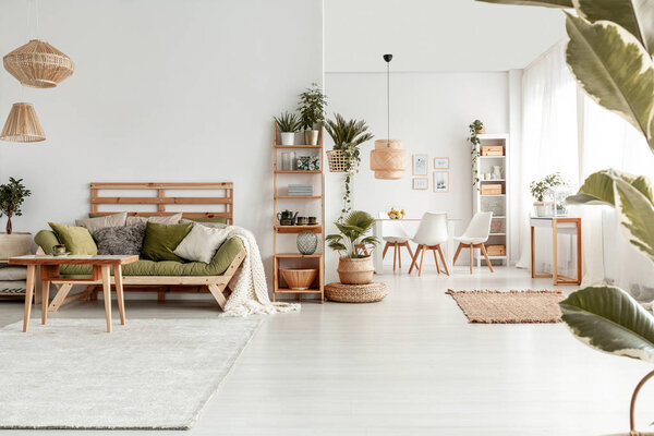 Деревянный стол перед зеленым диваном в белом просторном плоском интерьере с растениями, ковром и лампами. Настоящее фото
