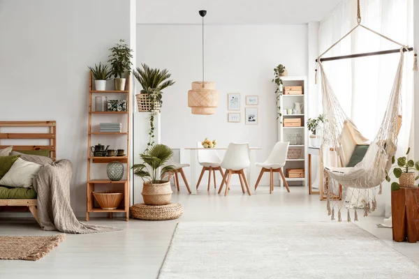 Hangmat Planten Witte Appartement Interieur Met Lamp Boven Eettafel Stoelen — Stockfoto
