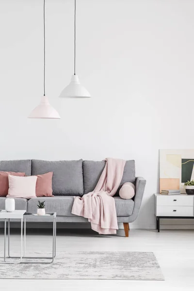 在明亮的起居室内的地毯上的台灯在灰色沙发上粉红色的毯子 真实照片 — 图库照片