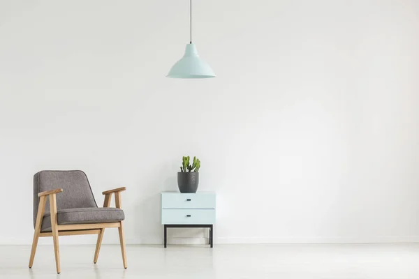 Grijs Houten Fauteuil Naast Kabinet Met Plant Witte Minimale Platte — Stockfoto