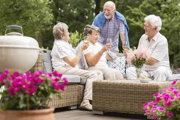 Dois Casais Seniores Que Têm Uma Reunião Social Fora Pátio — Fotografia de Stock